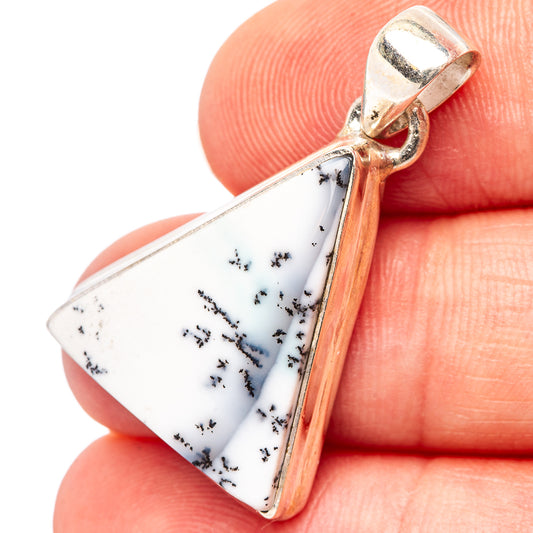 Dendritic opal pendant in sterling silver, triangular white stone with black dendrites