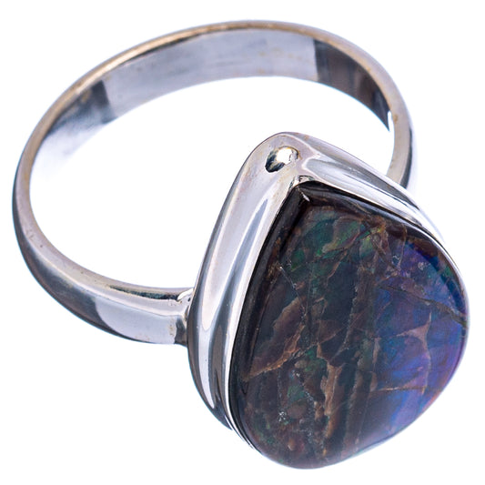 Sterling silver ammolite ring with dark blue iridescent oval stone