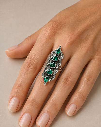 Exclusive 5-Gemstone Faceted Zambian Emerald Ring Size 9 (.925 Sterling Silver)