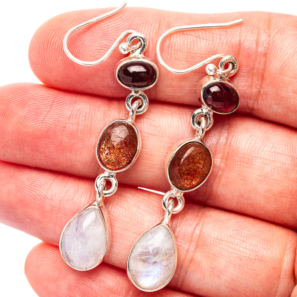 Premium Sunstone, Rainbow Moonstone, Garnet Earrings 2 1/8" (.925 Sterling Silver)