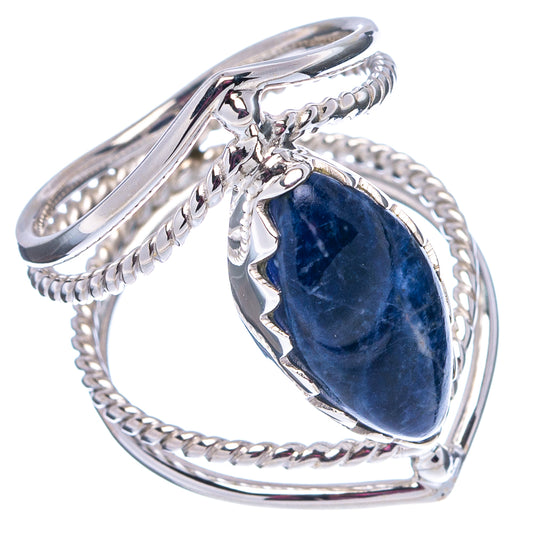 Oval sodalite statement ring in .925 sterling silver, rope and gallery prong setting