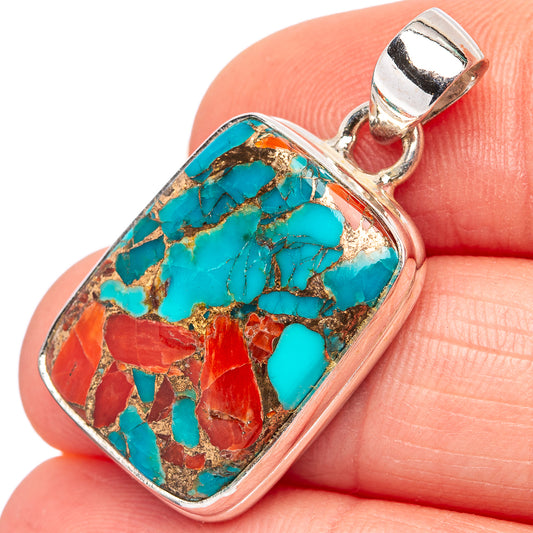 Sterling silver turquoise coral matrix pendant, square cabochon with bail, gold veining.