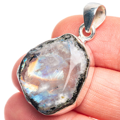 Raw Rainbow Moonstone Pendant 1 3/8" (925 Sterling Silver) P39373