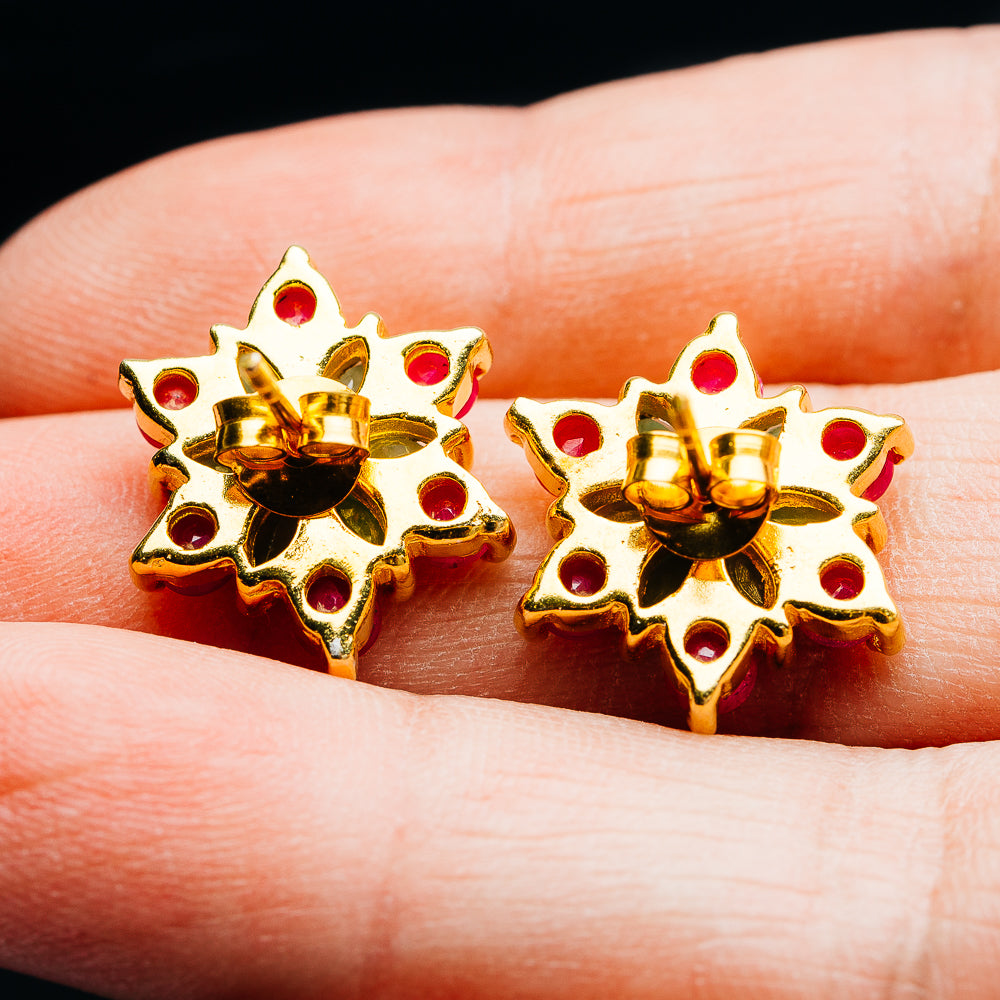 Emerald, Ruby Floral Cluster Earrings 5/8" (.925 Sterling Silver) 24k Gold Plated