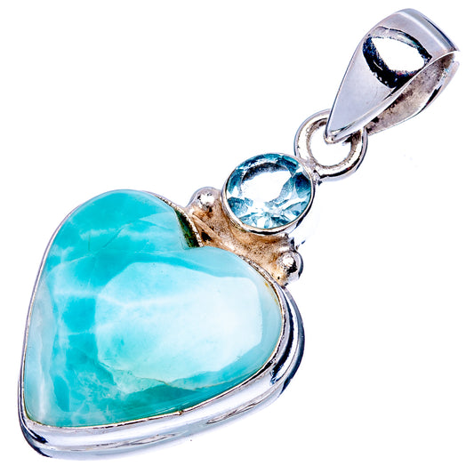 Sterling silver heart pendant with large blue larimar stone and blue topaz