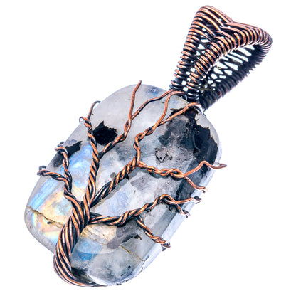 Rainbow Moonstone with Black Tourmaline Tree of Life Pendant 1 3/4" (Oxidized Copper)