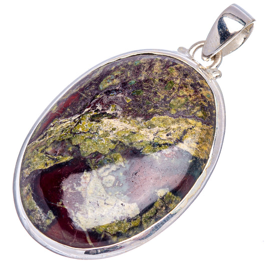 Oval Dragon's Blood stone pendant in .925 sterling silver with marbled red, green, and gray