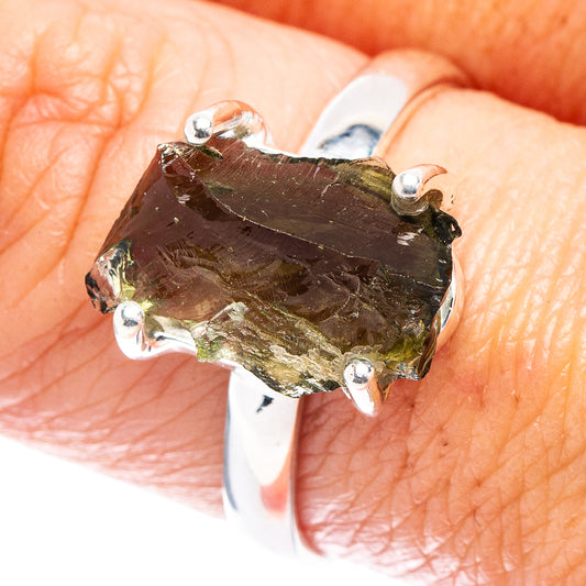 925 sterling silver ring with rough dark green moldavite crystal, prong-set