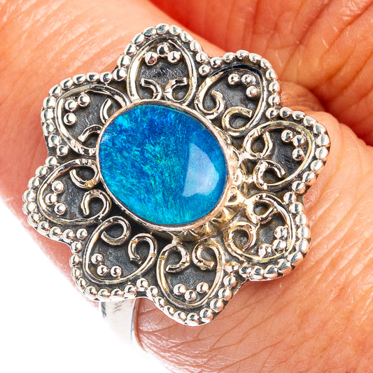 Sterling silver opal triplet ring with round blue center and ornate filigree bezel