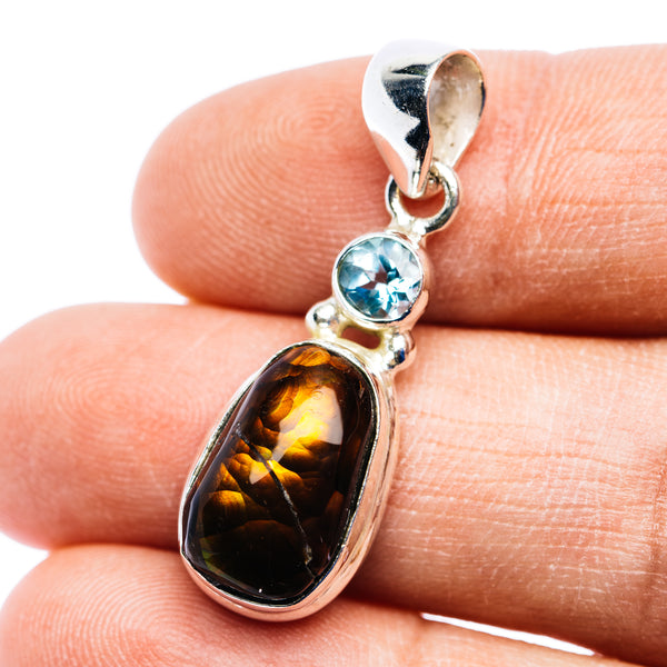 Mexican Fire Agate, Blue Topaz Pendant 1 3/8" (.925 Sterling Silver)