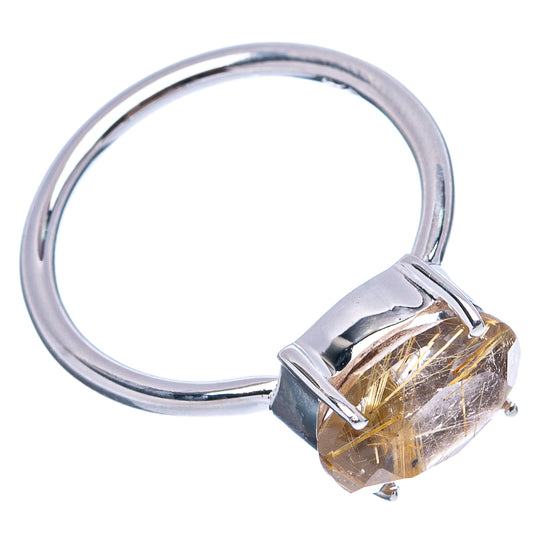Sterling silver ring with oval rutilated quartz cabochon and prong setting, side view