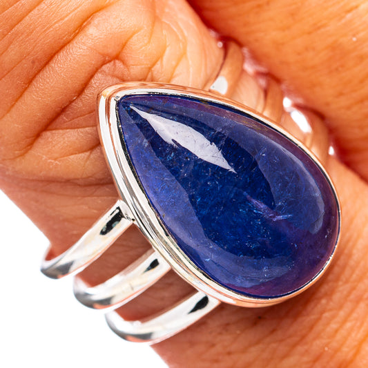 Teardrop tanzanite ring in .925 sterling silver with blue faceted gemstone