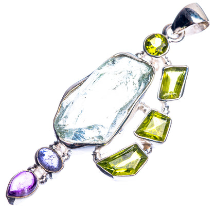 Rough Aquamarine, Peridot, Tanzanite, Amethyst 925 Sterling Silver Pendant 2 3/8"