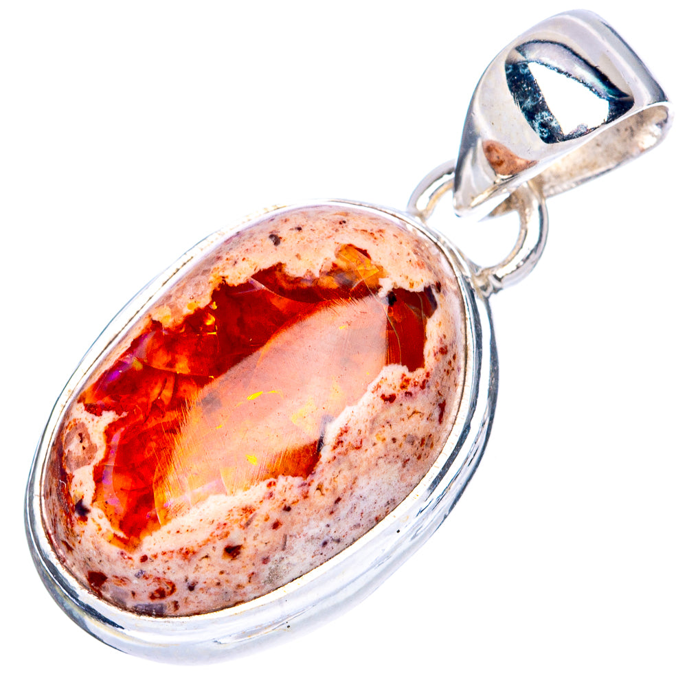 Oval 925 sterling silver fire opal pendant, orange-red stone with coppery speckles