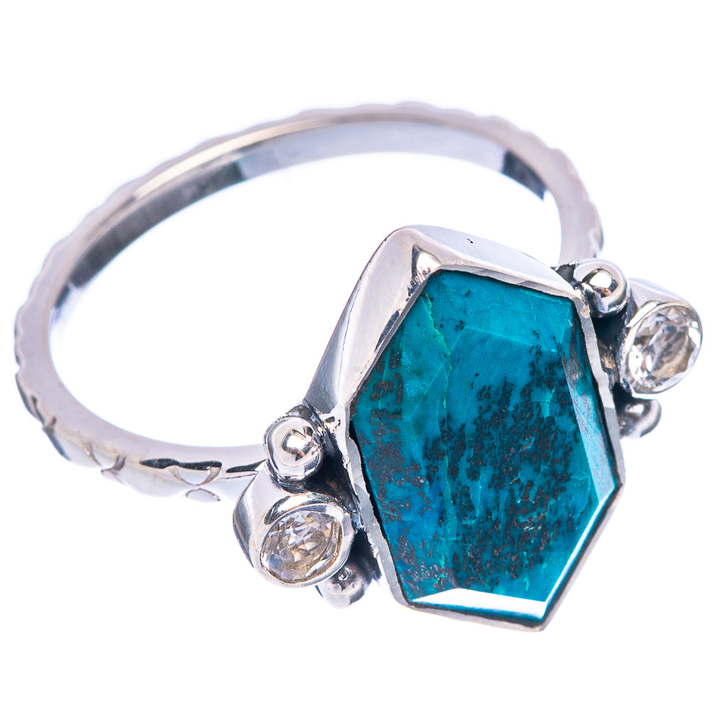 Sterling silver shattuckite ring with teal octagon stone, faceted clear side stones
