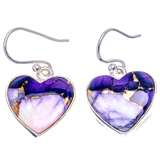 Heart-shaped purple and blue turquoise-style earrings with sterling silver hooks