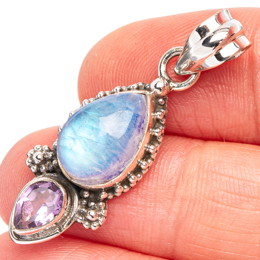 Rainbow Moonstone, Amethyst Pendant 1 1/2" (925 Sterling Silver) P44978