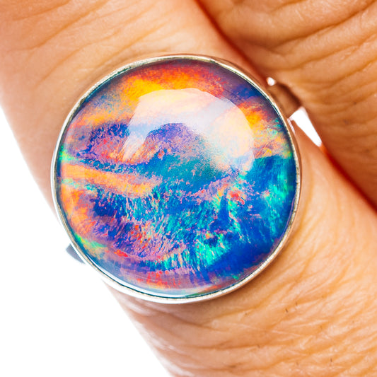 Oval opal gemstone ring in .925 sterling silver, multicolor iridescent cabochon