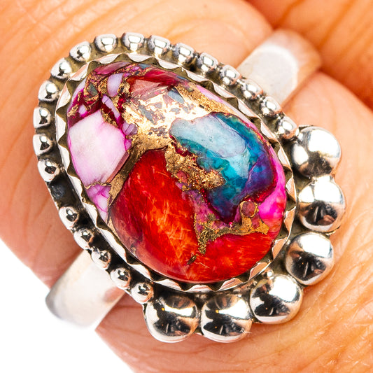 Sterling silver ring with oval multicolor turquoise stone, ornate beaded band