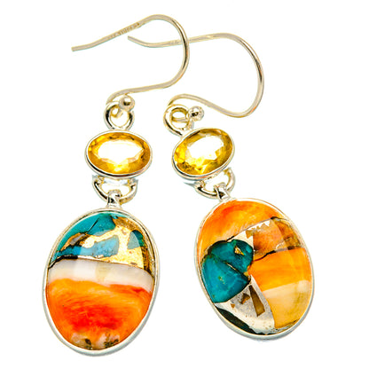 Spiny Oyster Turquoise, Citrine Earrings 1 3/4" (925 Sterling Silver) EARR432025