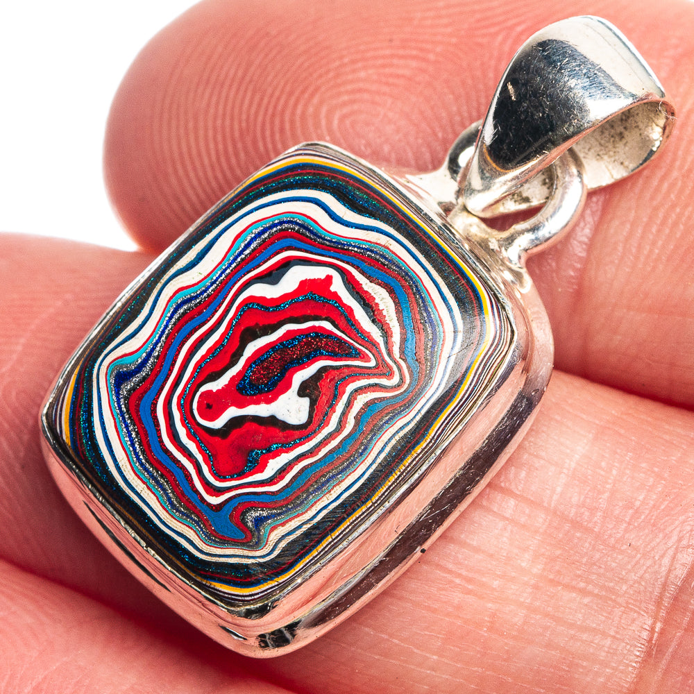 925 sterling silver fordite pendant with multicolor striped glass stone, silver bail