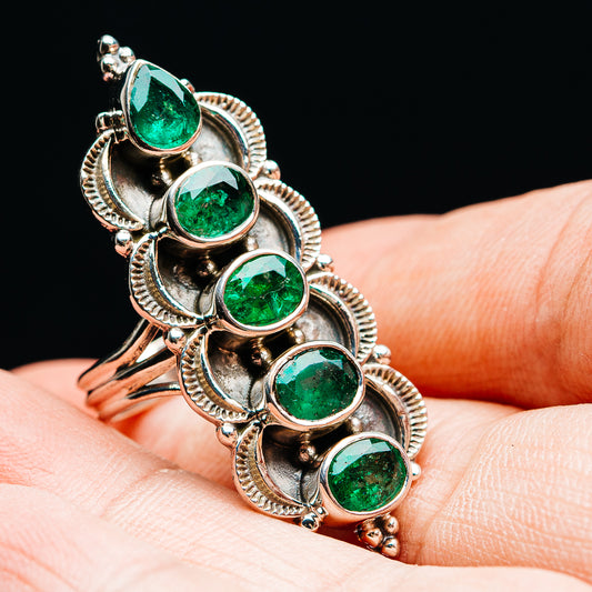 Exclusive 5-Gemstone Faceted Zambian Emerald Ring Size 6.25 (.925 Sterling Silver)