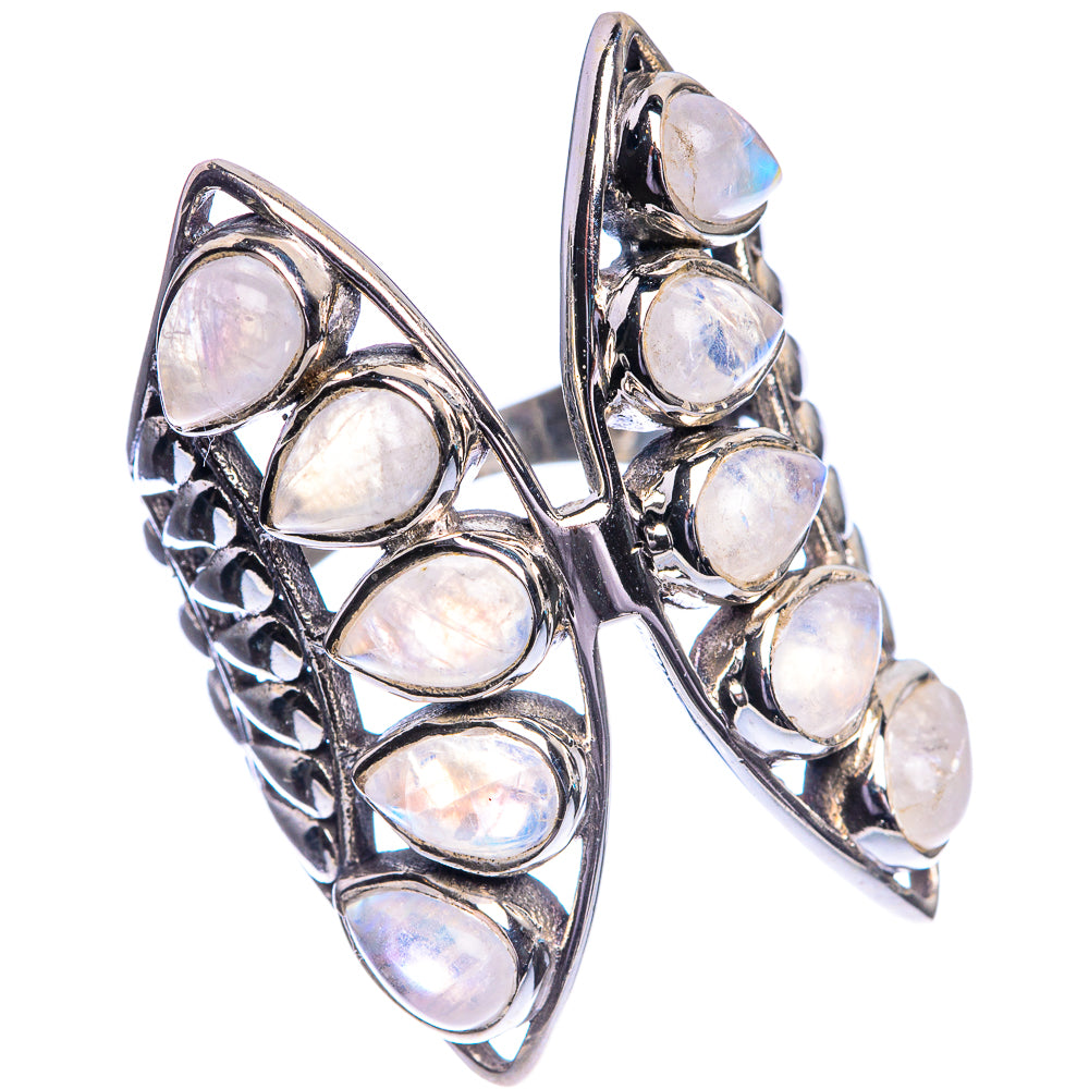 Silver moonstone ring side view with oval rainbow stones and decorative edge