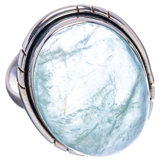 Aquamarine oval cabochon sterling silver ring, size 8.75, blue stone bezel in metal frame