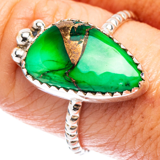 Green teardrop turquoise ring, .925 sterling silver with prong and rope band