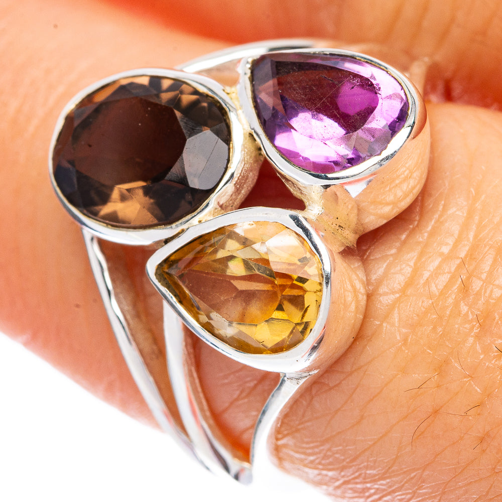 Sterling silver ring with oval smoky quartz, amethyst and citrine, size 7