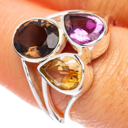 Sterling silver ring with oval smoky quartz, amethyst and citrine, size 7