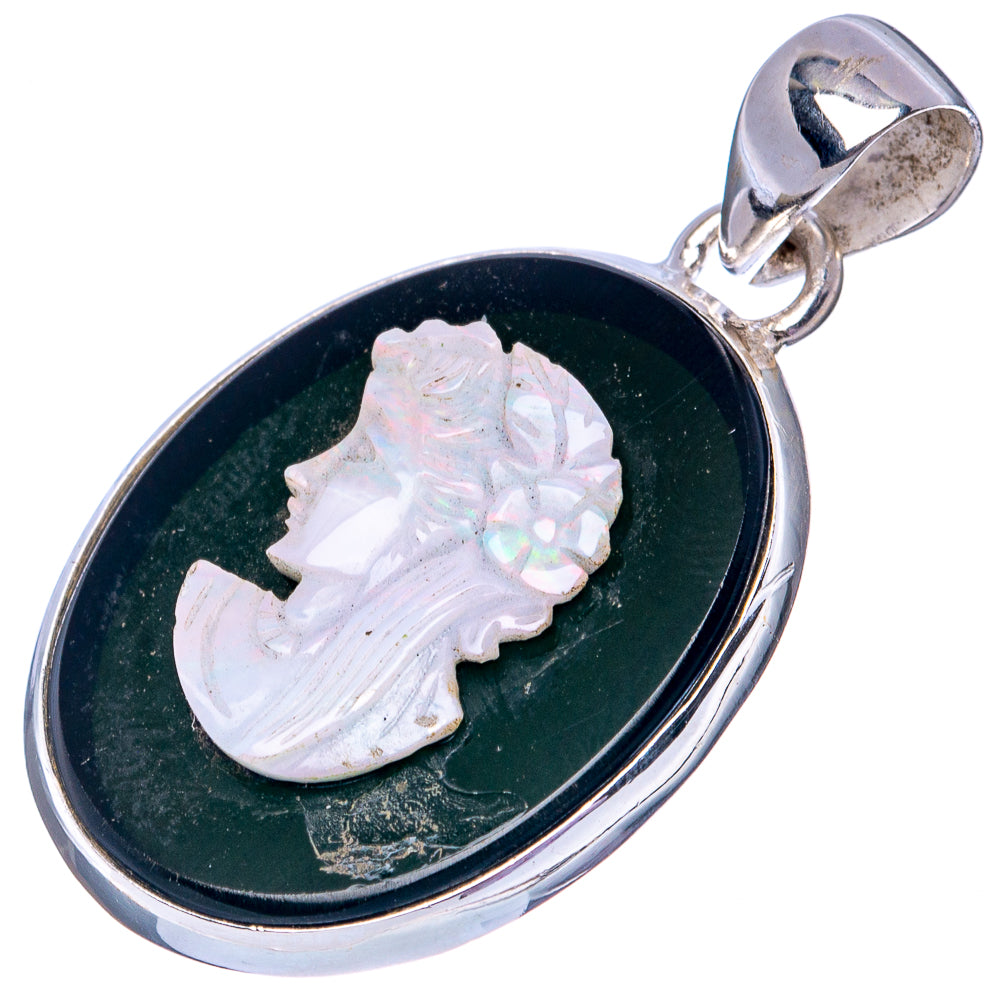 Oval 925 sterling silver pendant with opal lady face cameo on dark background