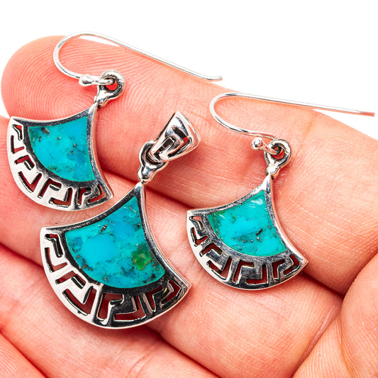 Turquoise fan-shaped drop earrings with engraved silver settings and hook closures