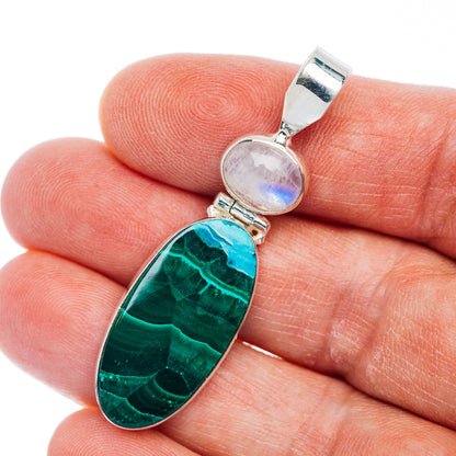 Premium Malachite In Chrysocolla, Rainbow Moonstone Pendant 1 7/8" (.925 Sterling Silver)