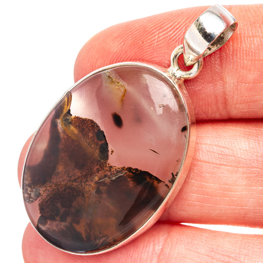 Oval Montana agate pendant in .925 sterling silver bezel, pink with dark brown spots