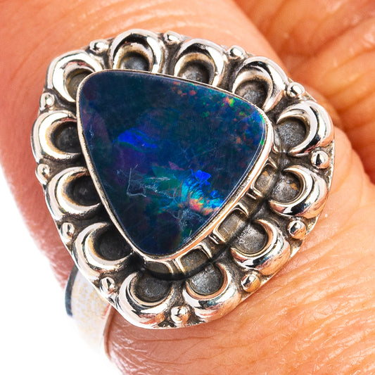 Sterling silver opal doublet ring, triangular dark blue opal with detailed bezel