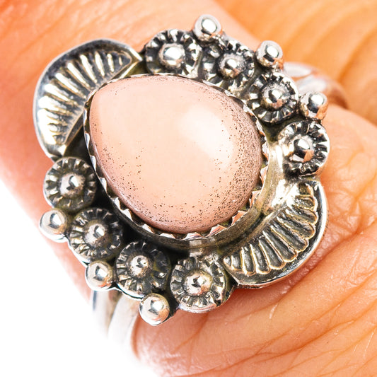 Pink opal sterling silver native-style ring with oval gemstone centerpiece, size 6.5