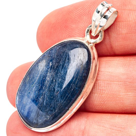 Oval blue kyanite pendant in .925 sterling silver bezel with top bail