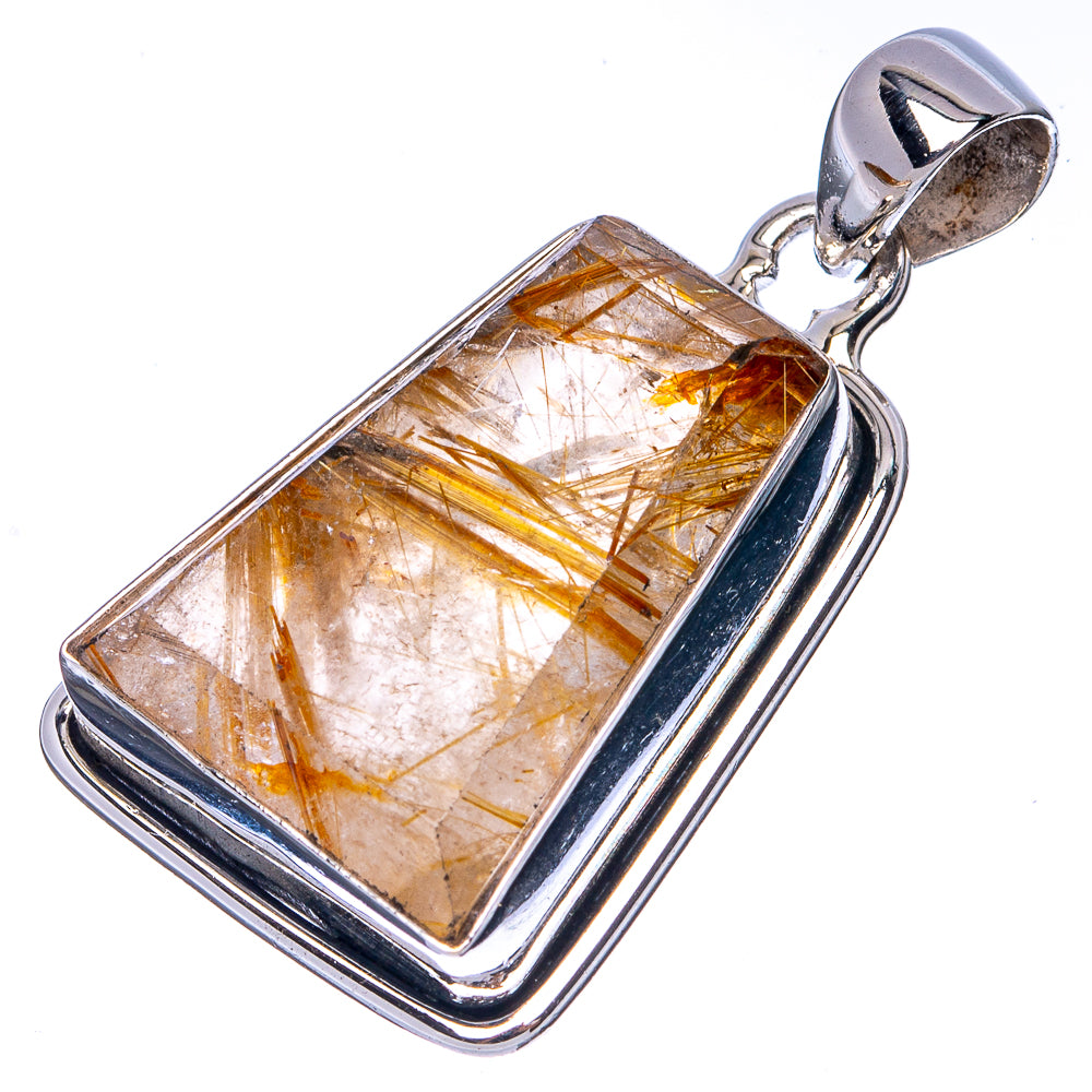 Rectangular rutile stone pendant with needle-like golden inclusions and silver bail