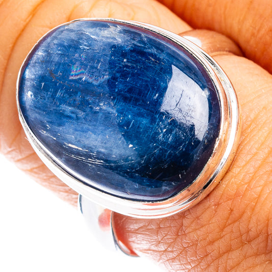Oval blue kyanite cabochon sterling silver ring, size 9, polished bezel.