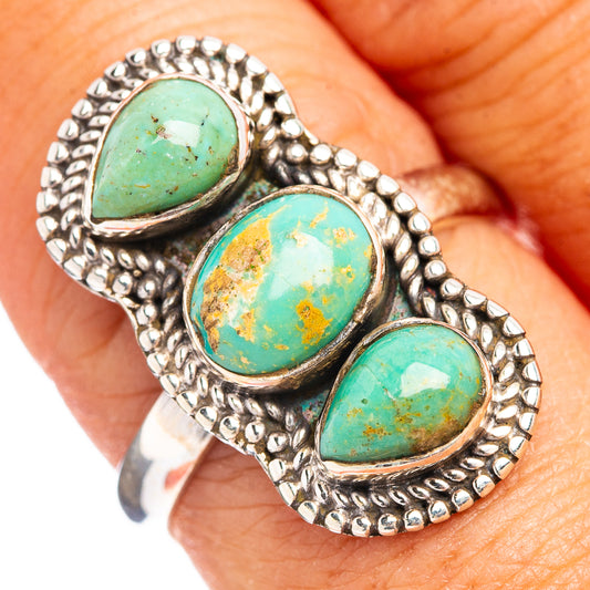 Adjustable sterling silver turquoise ring with 3 oval stones and beaded borders