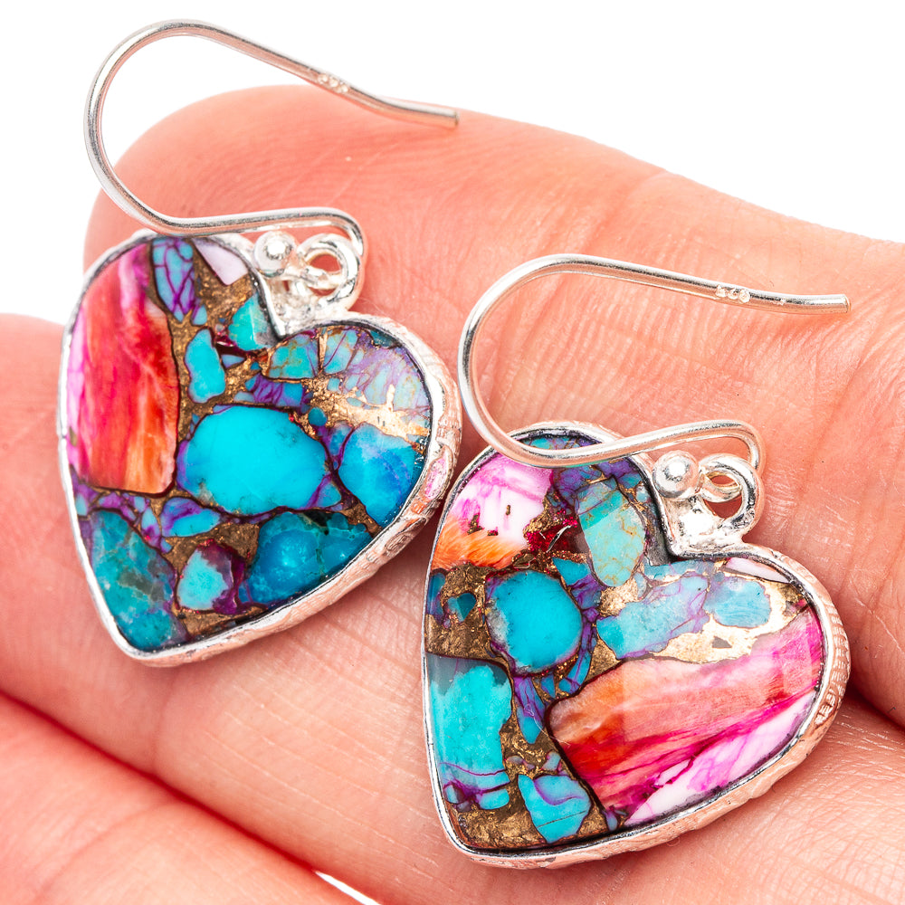 925 sterling silver heart earrings with turquoise and pink mosaic stone inlay