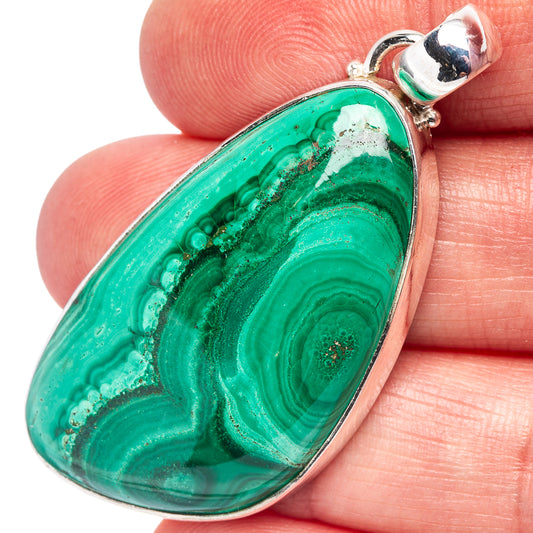 Malachite pendant teardrop cabochon with .925 sterling silver bezel and bail