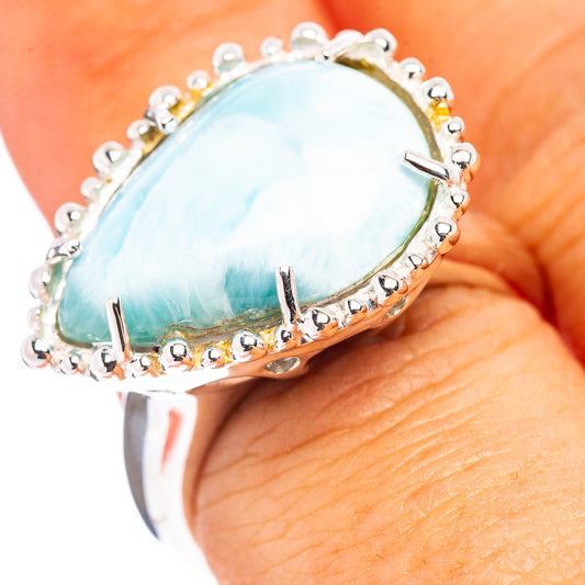 Larimar gemstone ring in .925 sterling silver with scalloped bezel and prong-set stone