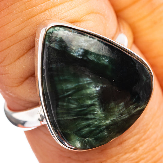Sterling silver ring with dark green seraphinite teardrop cabochon, size 8.