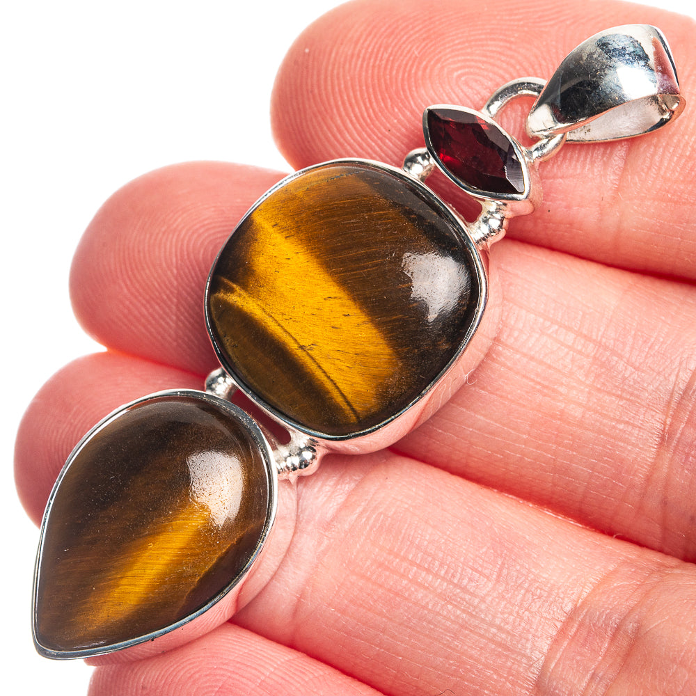 Tiger Eye, Garnet 925 Sterling Silver Pendant 2 1/8"