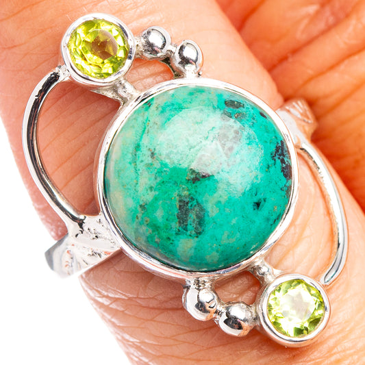 Sterling silver ring with oval green chrysocolla cabochon and round peridot accents