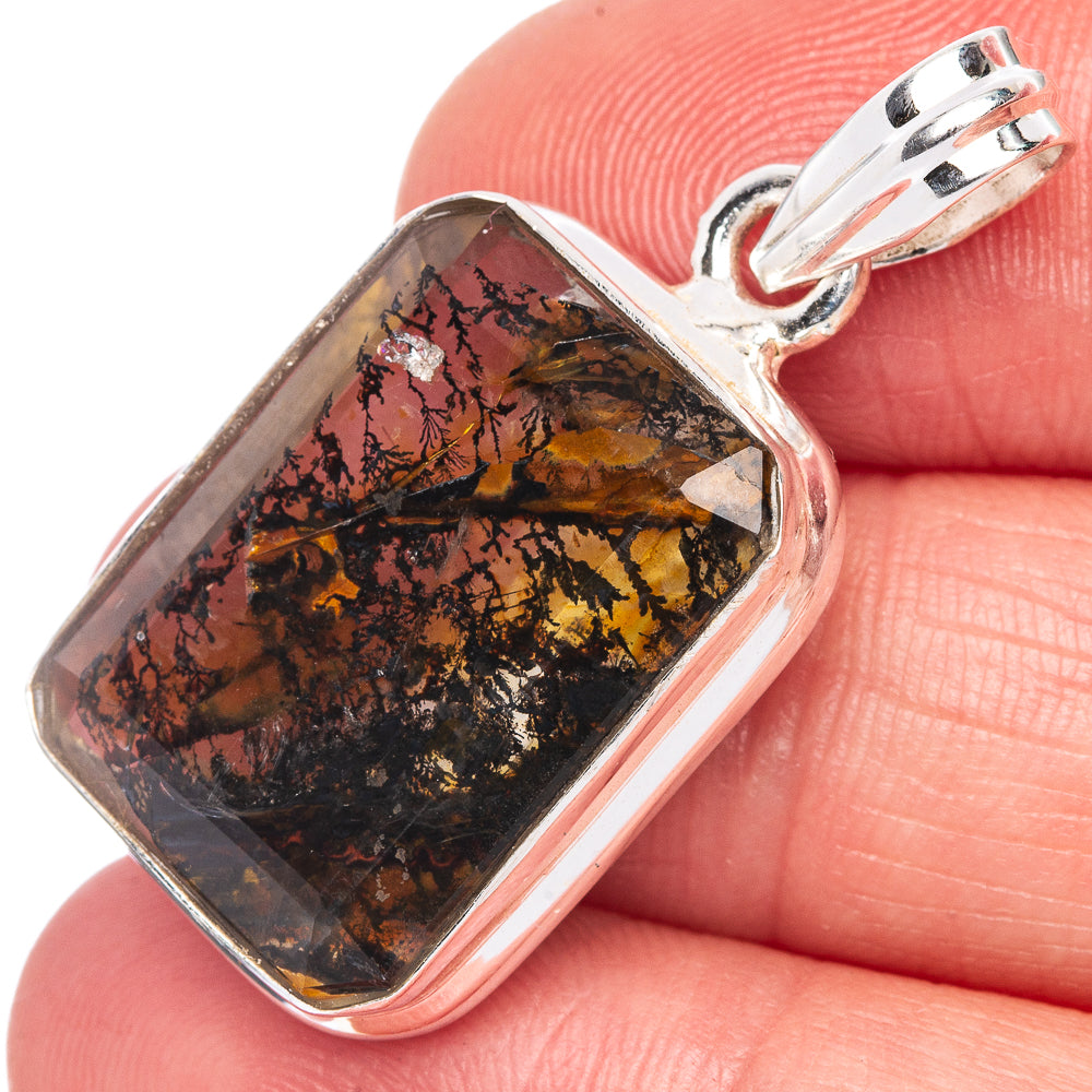 Sterling silver pendant close-up with rectangular dendritic agate stone and top bail