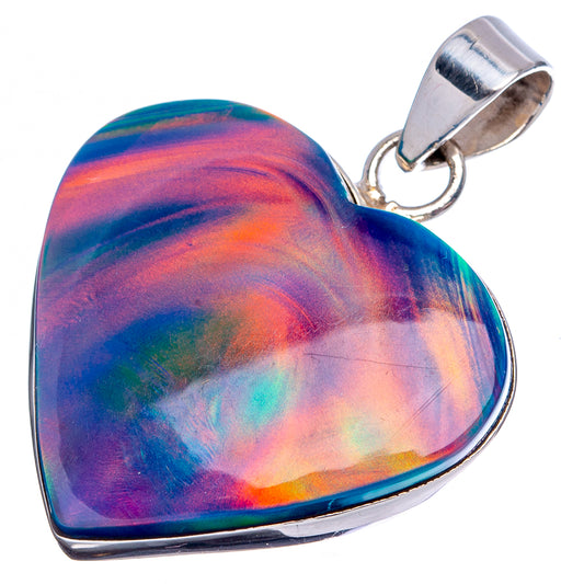 Heart-shaped iridescent opal pendant with multicolor swirl, .925 silver bail