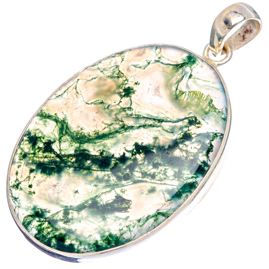 Green moss agate pendant in oval sterling silver bezel with loop bail